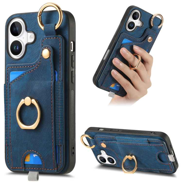 Retro Skin-feel Ring Card Bag Phone Case with Hang Loop, For iPhone 16 Pro Max, For iPhone 16 Pro, For iPhone 16 Plus, For iPhone 16, For iPhone 15 Pro Max