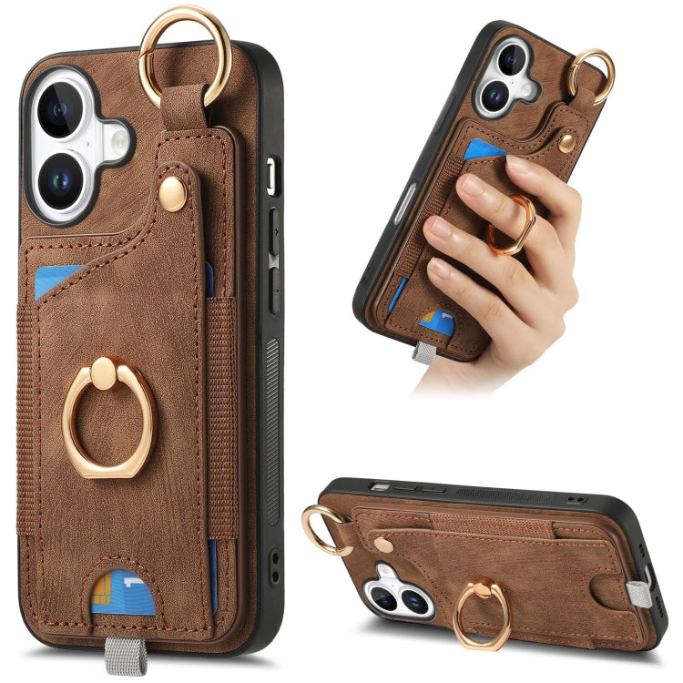 Retro Skin-feel Ring Card Bag Phone Case with Hang Loop, For iPhone 16 Pro Max, For iPhone 16 Pro, For iPhone 16 Plus, For iPhone 16, For iPhone 15 Pro Max