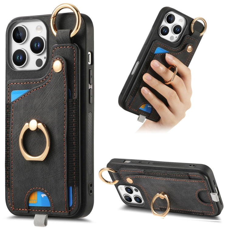 Retro Skin-feel Ring Card Bag Phone Case with Hang Loop, For iPhone 16 Pro Max, For iPhone 16 Pro, For iPhone 16 Plus, For iPhone 16, For iPhone 15 Pro Max