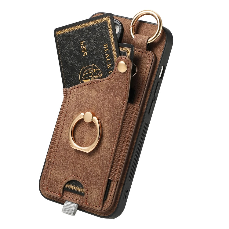 Retro Skin-feel Ring Card Bag Phone Case with Hang Loop, For iPhone 16 Pro Max, For iPhone 16 Pro, For iPhone 16 Plus, For iPhone 16, For iPhone 15 Pro Max