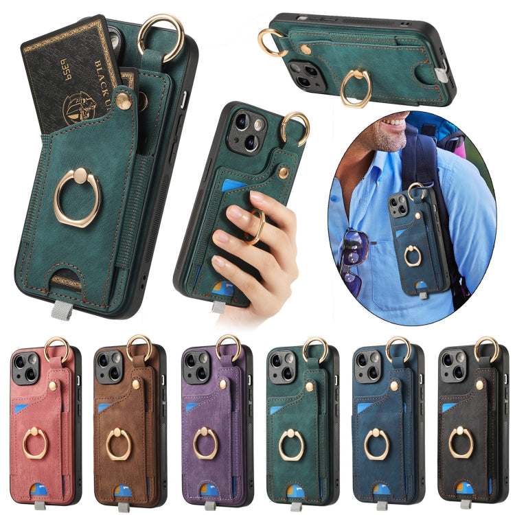 Retro Skin-feel Ring Card Bag Phone Case with Hang Loop, For iPhone 15 Pro, For iPhone 15 Plus, For iPhone 15, For iPhone 14 Plus, For iPhone 14