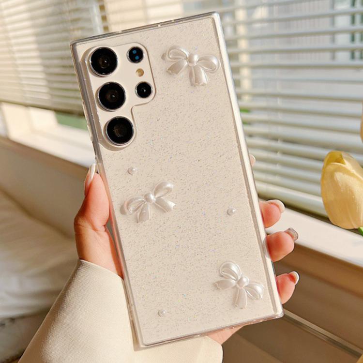 Pearl Bow Glitter Epoxy TPU Phone Case, For Samsung Galaxy S25 5G, For Samsung Galaxy S25+ 5G, For Samsung Galaxy S25 Ultra 5G, For Samsung Galaxy S24 FE 5G, For Samsung Galaxy S24 Ultra 5G, For Samsung Galaxy S24+ 5G, For Samsung Galaxy S24 5G