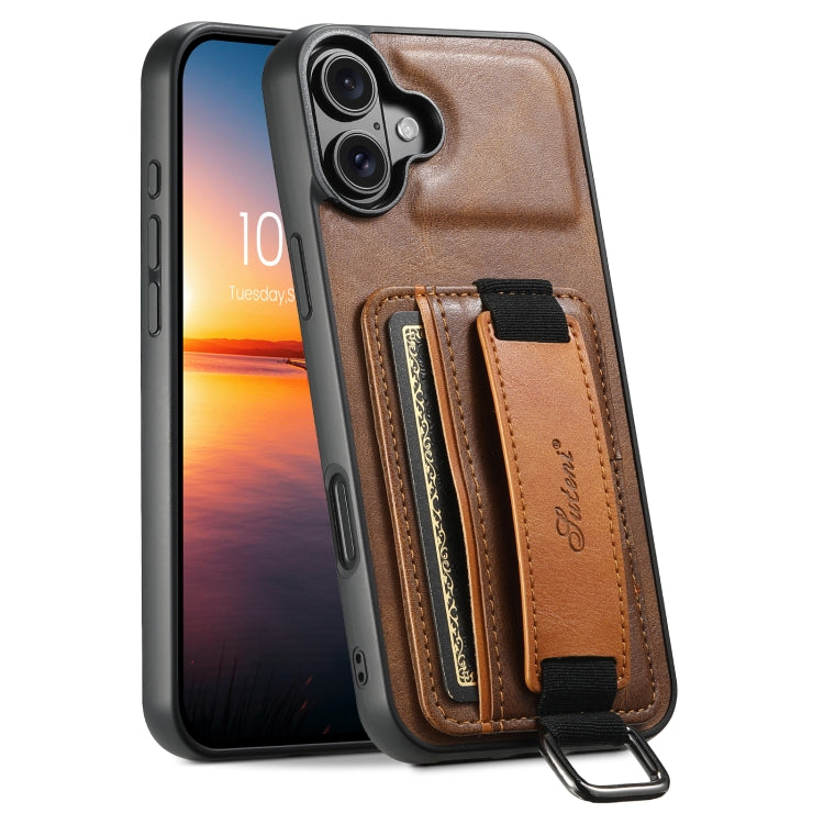 Suteni H13 Card Wallet Wrist Strap Holder PU Phone Case, For iPhone 16 Pro Max, For iPhone 16 Pro, For iPhone 16 Plus, For iPhone 16, For iPhone 15 Pro Max, For iPhone 15 Pro, For iPhone 15 Plus, For iPhone 15