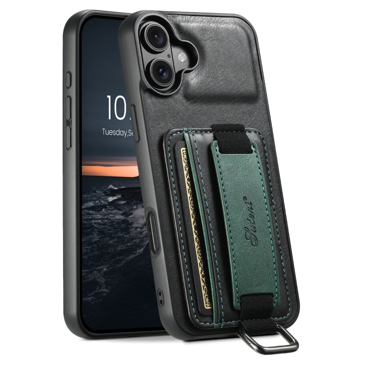 Suteni H13 Card Wallet Wrist Strap Holder PU Phone Case, For iPhone 16 Pro Max, For iPhone 16 Pro, For iPhone 16 Plus, For iPhone 16, For iPhone 15 Pro Max, For iPhone 15 Pro, For iPhone 15 Plus, For iPhone 15