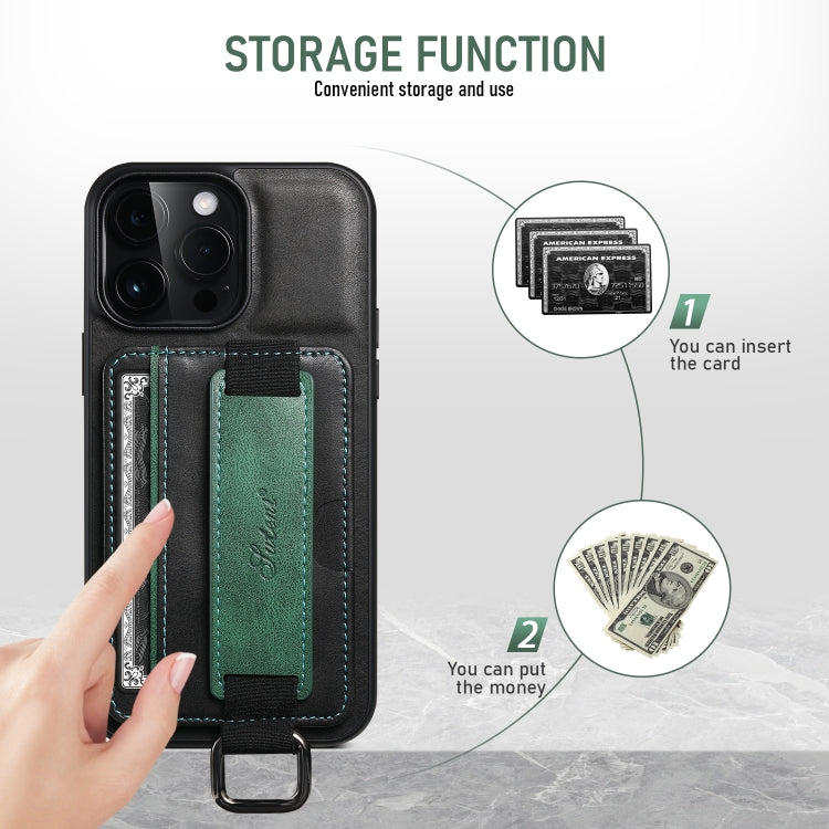 Suteni H13 Card Wallet Wrist Strap Holder PU Phone Case, For iPhone 16 Pro Max, For iPhone 16 Pro, For iPhone 16 Plus, For iPhone 16, For iPhone 15 Pro Max, For iPhone 15 Pro, For iPhone 15 Plus, For iPhone 15