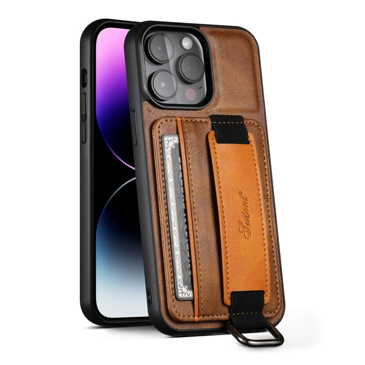 Suteni H13 Card Wallet Wrist Strap Holder PU Phone Case, For iPhone 16 Pro Max, For iPhone 16 Pro, For iPhone 16 Plus, For iPhone 16, For iPhone 15 Pro Max, For iPhone 15 Pro, For iPhone 15 Plus, For iPhone 15