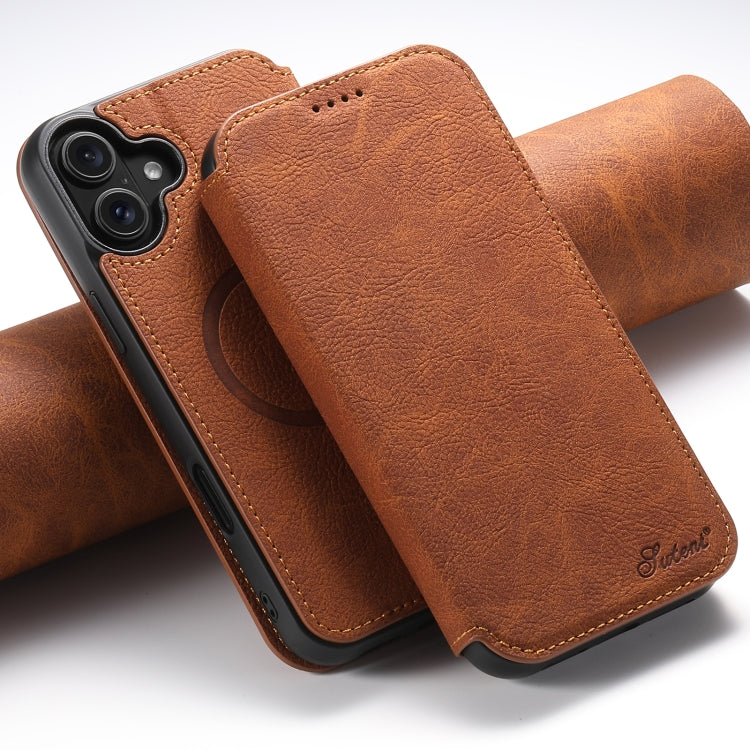 Suteni J06 Retro Matte Litchi Texture Leather MagSafe Phone Case, For iPhone 16 Pro Max, For iPhone 16 Pro, For iPhone 16 Plus, For iPhone 16, For iPhone 15 Pro Max, For iPhone 15 Pro, For iPhone 15 Plus, For iPhone 15