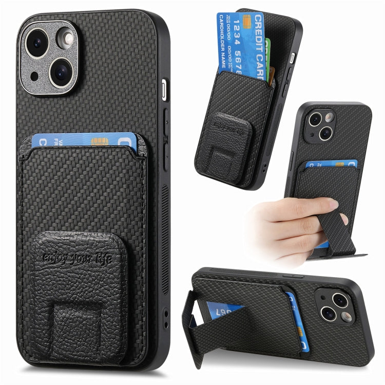 Carbon Fiber Card Bag Fold Stand Phone Case, For iPhone 15 Plus, For iPhone 15, For iPhone 14 Plus, For iPhone 14, For iPhone 14 Pro, For iPhone 14 Pro Max