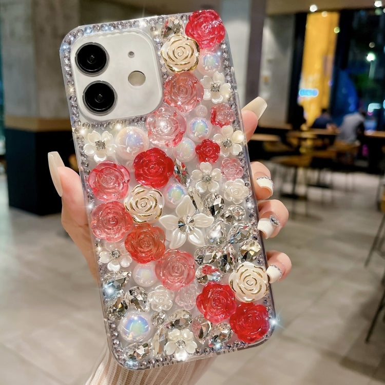 Rose Hand-set Pearl Diamond PC Phone Case, For iPhone 16 Pro Max, For iPhone 16 Pro, For iPhone 16 Plus, For iPhone 16, For iPhone 15 Pro Max, For iPhone 15 Pro, For iPhone 15 Plus, For iPhone 15