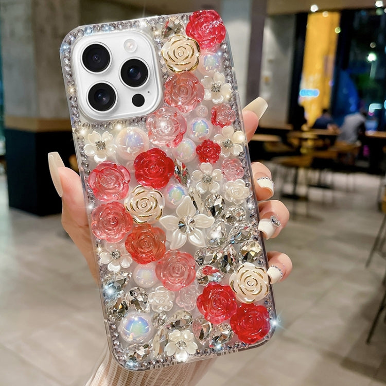 Rose Hand-set Pearl Diamond PC Phone Case, For iPhone 16 Pro Max, For iPhone 16 Pro, For iPhone 16 Plus, For iPhone 16, For iPhone 15 Pro Max, For iPhone 15 Pro, For iPhone 15 Plus, For iPhone 15