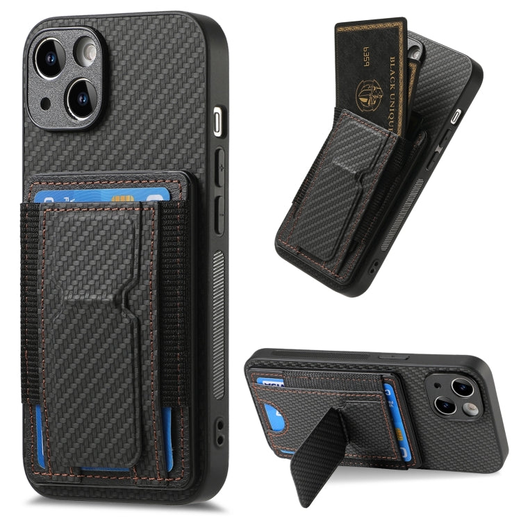 Carbon Fiber Fold Stand Elastic Card Bag Phone Case, For iPhone 15, For iPhone 14 Plus, For iPhone 14, For iPhone 14 Pro