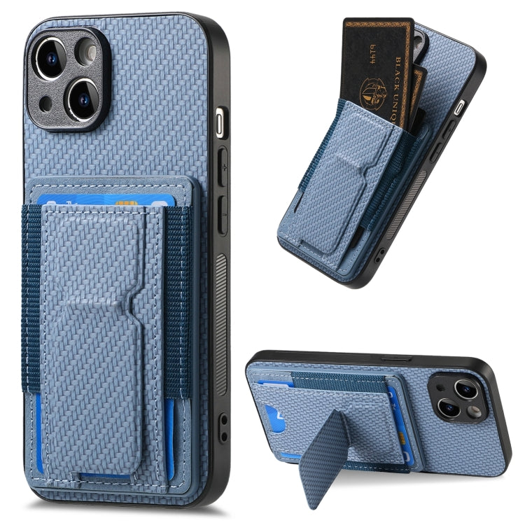 Carbon Fiber Fold Stand Elastic Card Bag Phone Case, For iPhone 15, For iPhone 14 Plus, For iPhone 14, For iPhone 14 Pro