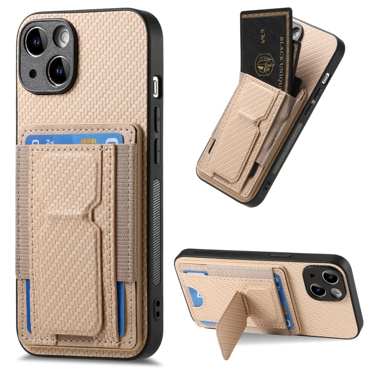Carbon Fiber Fold Stand Elastic Card Bag Phone Case, For iPhone 15, For iPhone 14 Plus, For iPhone 14, For iPhone 14 Pro