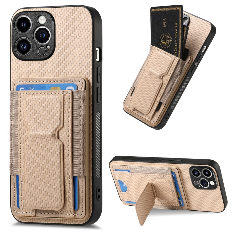 Carbon Fiber Fold Stand Elastic Card Bag Phone Case, For iPhone 15, For iPhone 14 Plus, For iPhone 14, For iPhone 14 Pro