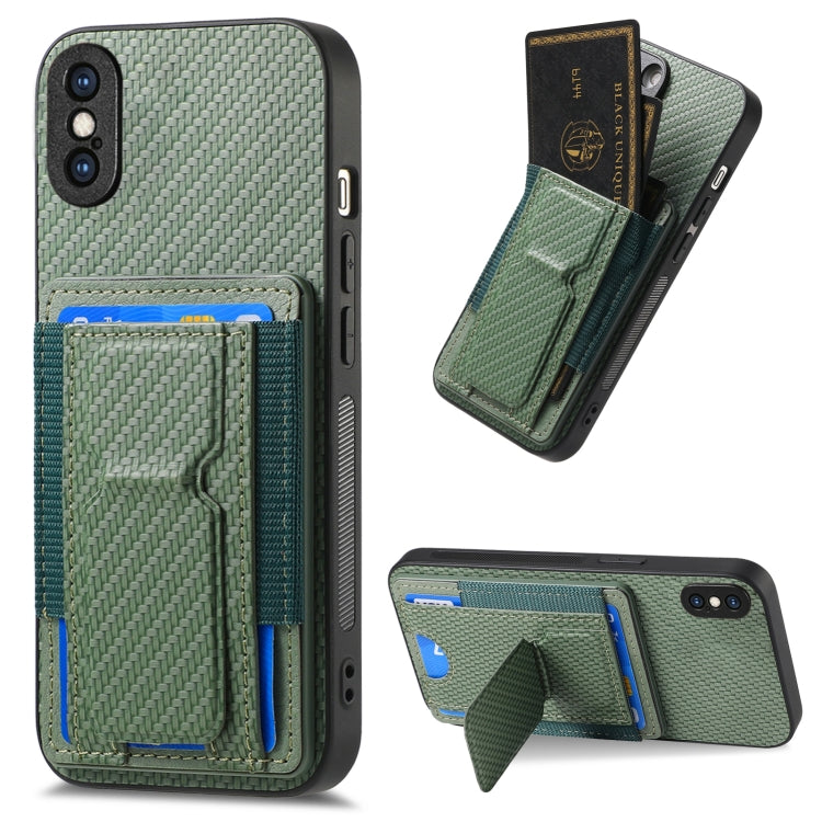 Carbon Fiber Fold Stand Elastic Card Bag Phone Case