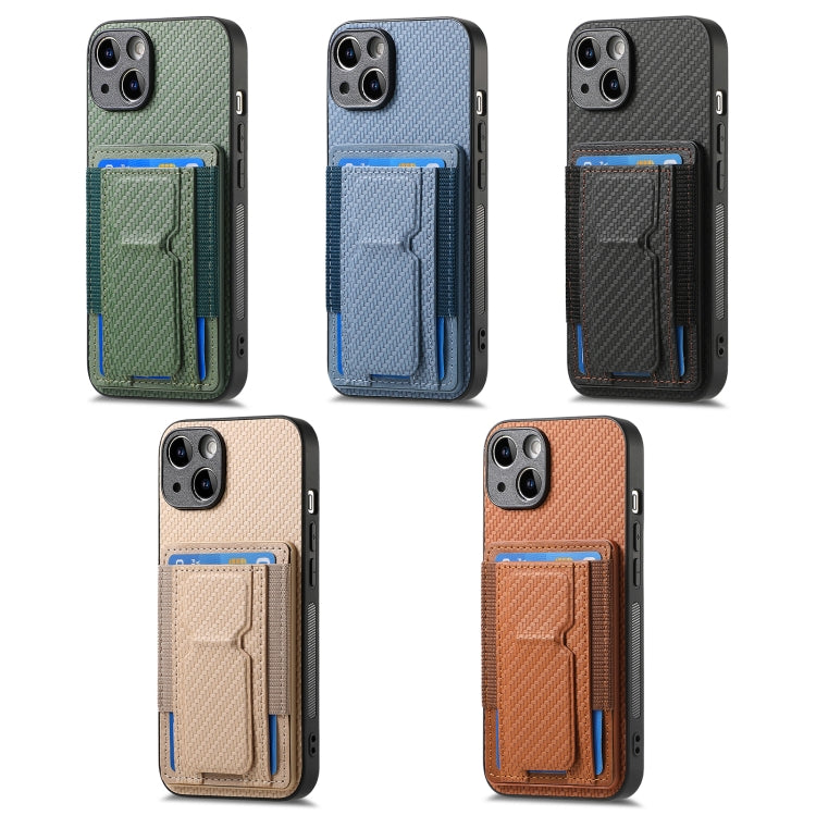 Carbon Fiber Fold Stand Elastic Card Bag Phone Case, For iPhone 15, For iPhone 14 Plus, For iPhone 14, For iPhone 14 Pro