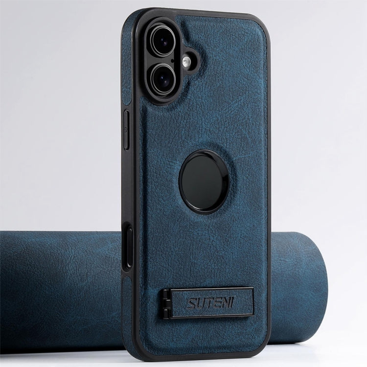 Suteni G2 Magsafe Litchi Texture Leather Back Phone Case with Holder, For iPhone 16 Pro Max, For iPhone 16 Pro, For iPhone 16 Plus, For iPhone 16, For iPhone 15 Pro Max, For iPhone 15 Pro, For iPhone 15 Plus, For iPhone 15, For iPhone 14 Plus