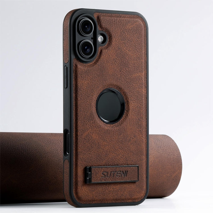 Suteni G2 Magsafe Litchi Texture Leather Back Phone Case with Holder, For iPhone 16 Pro Max, For iPhone 16 Pro, For iPhone 16 Plus, For iPhone 16, For iPhone 15 Pro Max, For iPhone 15 Pro, For iPhone 15 Plus, For iPhone 15, For iPhone 14 Plus