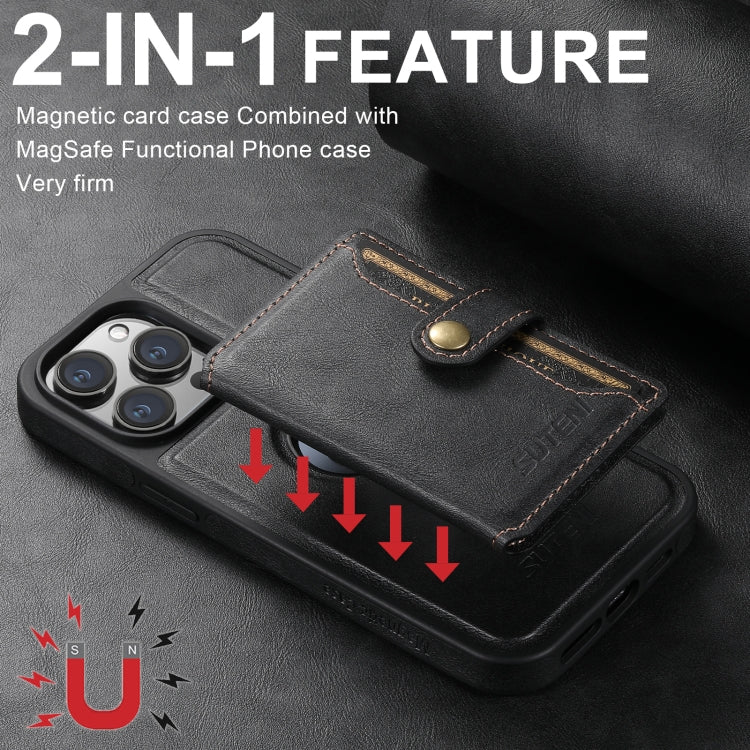 Suteni M1 Oil Wax MagSafe Detachable Horizontal Card Bag Phone Case, For iPhone 16 Pro Max, For iPhone 16 Pro, For iPhone 16 Plus, For iPhone 16, For iPhone 15 Pro Max, For iPhone 15 Pro, For iPhone 15 Plus, For iPhone 15