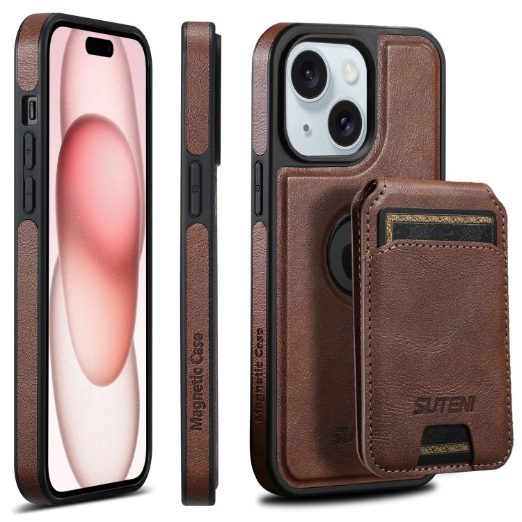 Suteni M2 Oil Wax MagSafe Horizontal Card Bag Phone Case, For iPhone 16 Pro Max, For iPhone 16 Pro, For iPhone 16 Plus, For iPhone 16, For iPhone 15 Pro Max, For iPhone 15 Pro, For iPhone 15 Plus, For iPhone 15