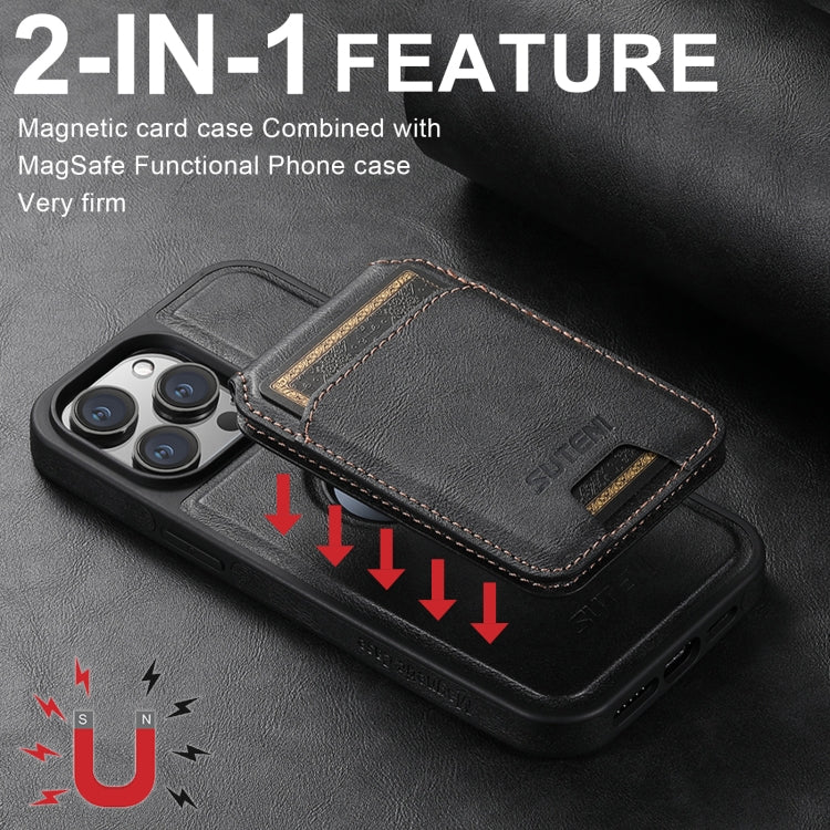 Suteni M2 Oil Wax MagSafe Horizontal Card Bag Phone Case, For iPhone 16 Pro Max, For iPhone 16 Pro, For iPhone 16 Plus, For iPhone 16, For iPhone 15 Pro Max, For iPhone 15 Pro, For iPhone 15 Plus, For iPhone 15