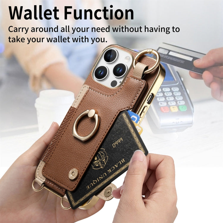 Fashion Ring Card Bag Phone Case with Hang Loop, For iPhone 16 Pro Max, For iPhone 16 Pro, For iPhone 16 Plus, For iPhone 16, For iPhone 15 Pro Max