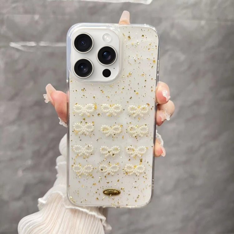 Gold Foil Pearl Bow TPU Phone Case, For iPhone 16 Pro Max, For iPhone 16 Pro, For iPhone 16 Plus, For iPhone 16, For iPhone 15 Pro Max, For iPhone 15 Pro, For iPhone 15 Plus, For iPhone 15, For iPhone 14 Plus, For iPhone 14, For iPhone 14 Pro