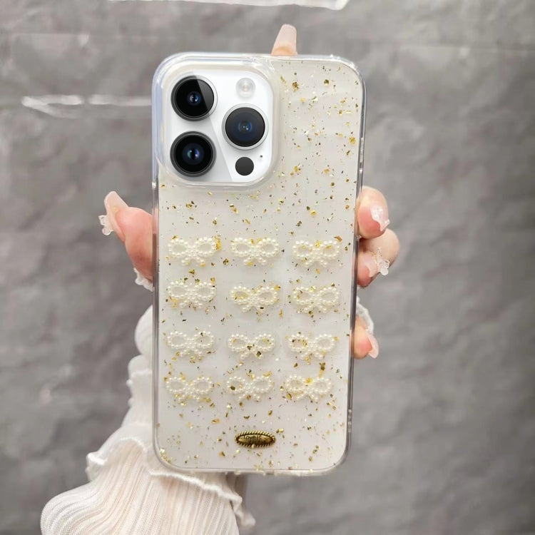 Gold Foil Pearl Bow TPU Phone Case, For iPhone 16 Pro Max, For iPhone 16 Pro, For iPhone 16 Plus, For iPhone 16, For iPhone 15 Pro Max, For iPhone 15 Pro, For iPhone 15 Plus, For iPhone 15, For iPhone 14 Plus, For iPhone 14, For iPhone 14 Pro