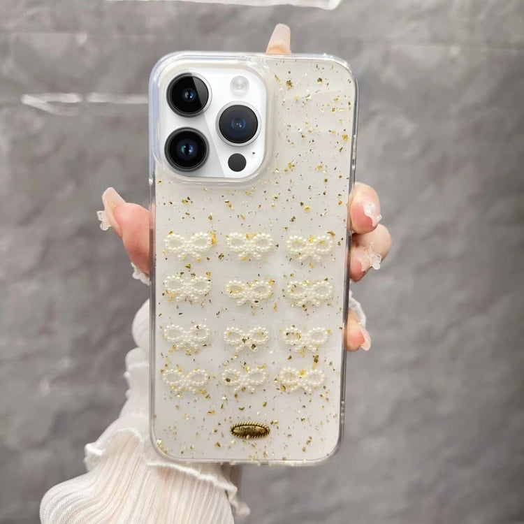 Gold Foil Pearl Bow TPU Phone Case, For iPhone 16 Pro Max, For iPhone 16 Pro, For iPhone 16 Plus, For iPhone 16, For iPhone 15 Pro Max, For iPhone 15 Pro, For iPhone 15 Plus, For iPhone 15, For iPhone 14 Plus, For iPhone 14, For iPhone 14 Pro