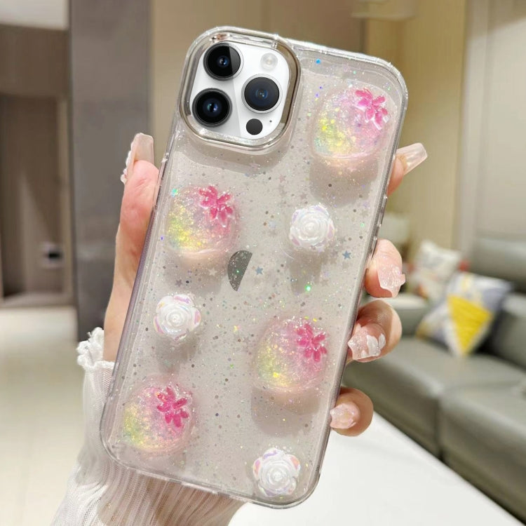 3D Flower Glitter Epoxy TPU Phone Case, For iPhone 16 Pro Max, For iPhone 16 Pro, For iPhone 16 Plus, For iPhone 16, For iPhone 15 Pro Max, For iPhone 15 Pro, For iPhone 15 Plus, For iPhone 15, For iPhone 14 Plus, For iPhone 14, For iPhone 14 Pro