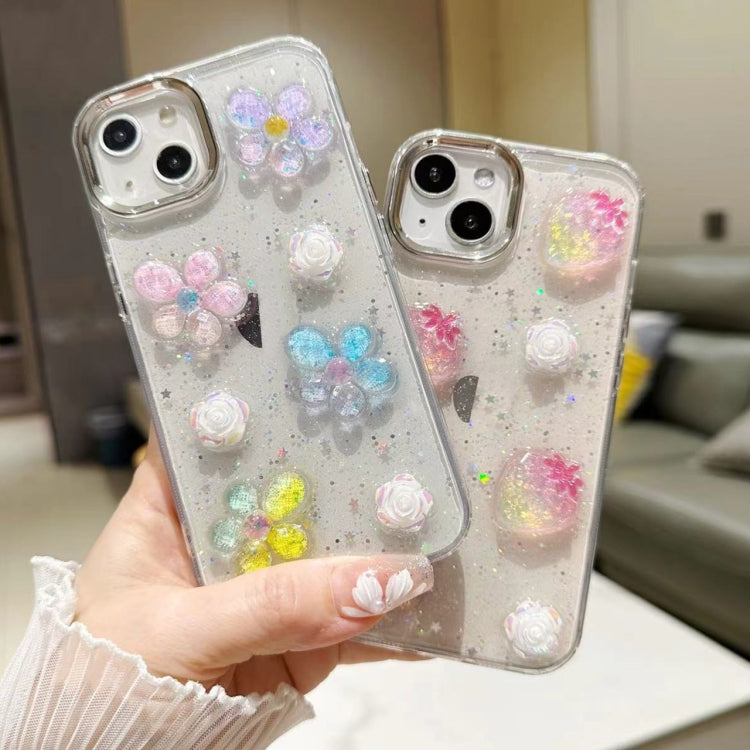 3D Flower Glitter Epoxy TPU Phone Case, For iPhone 16 Pro Max, For iPhone 16 Pro, For iPhone 16 Plus, For iPhone 16, For iPhone 15 Pro Max, For iPhone 15 Pro, For iPhone 15 Plus, For iPhone 15, For iPhone 14 Plus, For iPhone 14, For iPhone 14 Pro