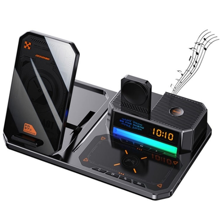 T50 5-in-1 Magnetic Wireless Charger Phone Watch Earphone Charging Stand with Clock & Speaker, T50