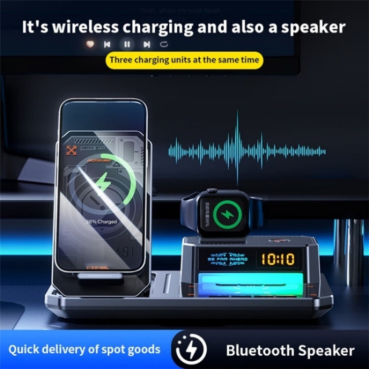 T50 5-in-1 Magnetic Wireless Charger Phone Watch Earphone Charging Stand with Clock & Speaker, T50