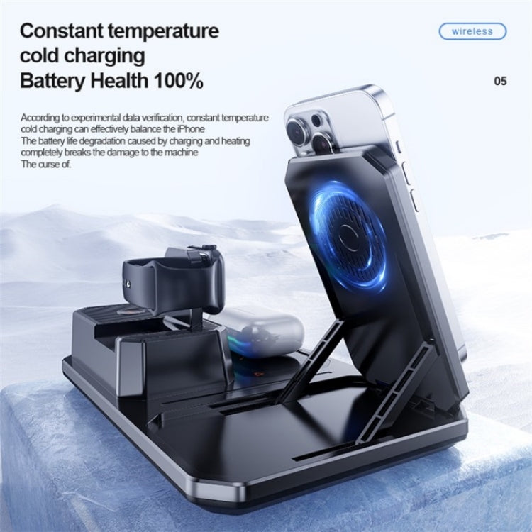 T50 5-in-1 Magnetic Wireless Charger Phone Watch Earphone Charging Stand with Clock & Speaker, T50