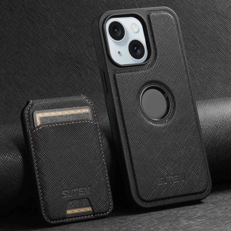 Suteni M2 Cross-Grain MagSafe Vertical Card Back Phone Case, For iPhone 16 Pro Max, For iPhone 16 Pro, For iPhone 16 Plus, For iPhone 16, For iPhone 15 Pro Max, For iPhone 15 Pro, For iPhone 15 Plus, For iPhone 15, For iPhone 14 Plus, For iPhone 14