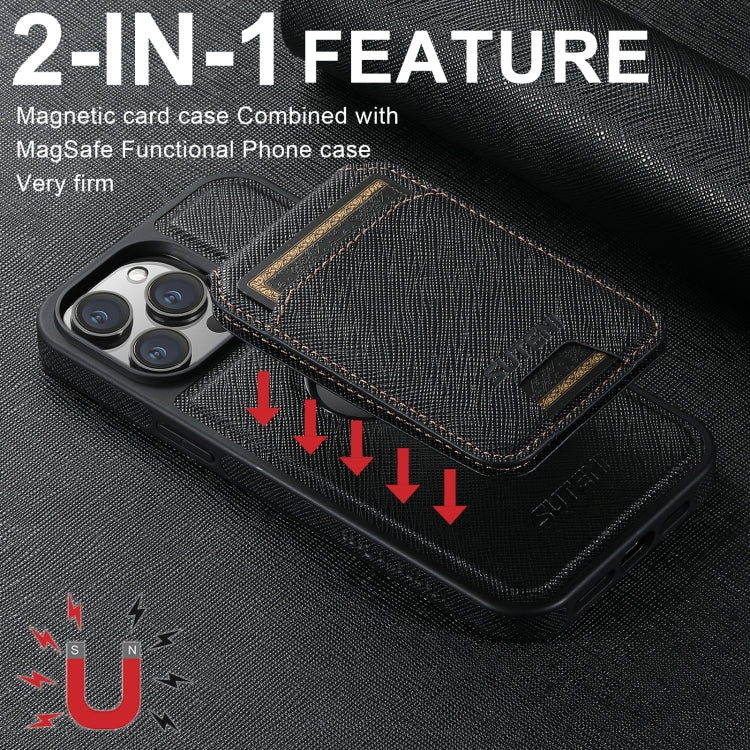 Suteni M2 Cross-Grain MagSafe Vertical Card Back Phone Case, For iPhone 14 Pro, For iPhone 14 Pro Max, For iPhone 13 Pro Max, For iPhone 13 Pro, For iPhone 13, For iPhone 12, For iPhone 12 Pro Max, For iPhone 12 Pro