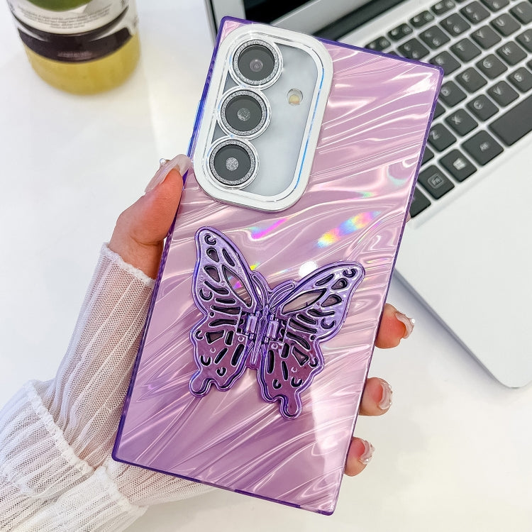 Plating Glitter Texture Butterfly Holder TPU Phone Case with Lens Film, For Samsung Galaxy S24 FE 5G