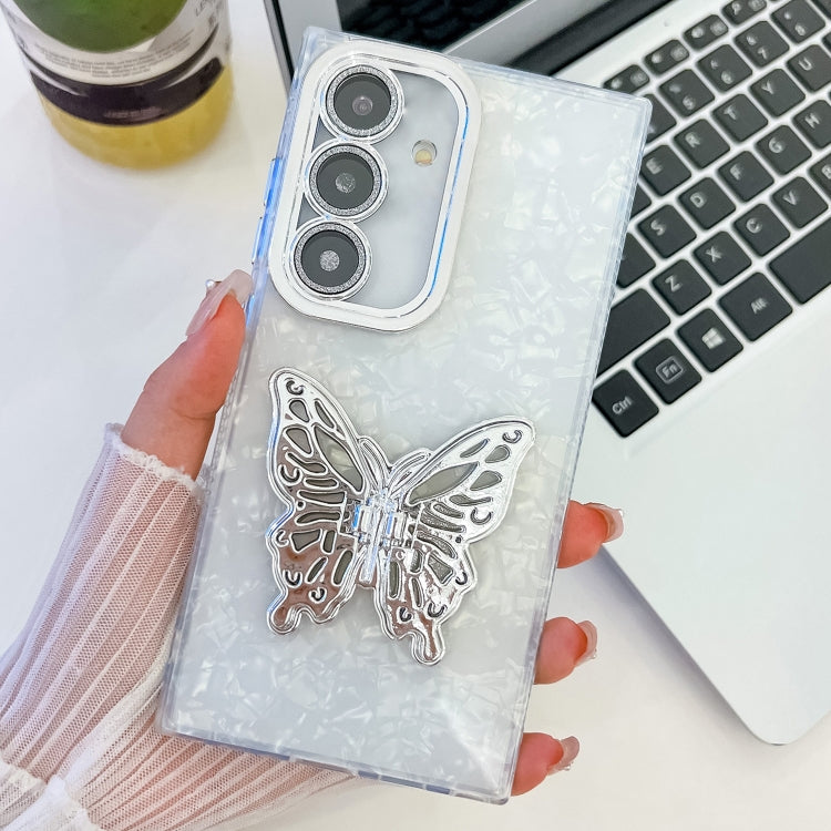 Plating Glitter Texture Butterfly Holder TPU Phone Case with Lens Film, For Samsung Galaxy S24 FE 5G