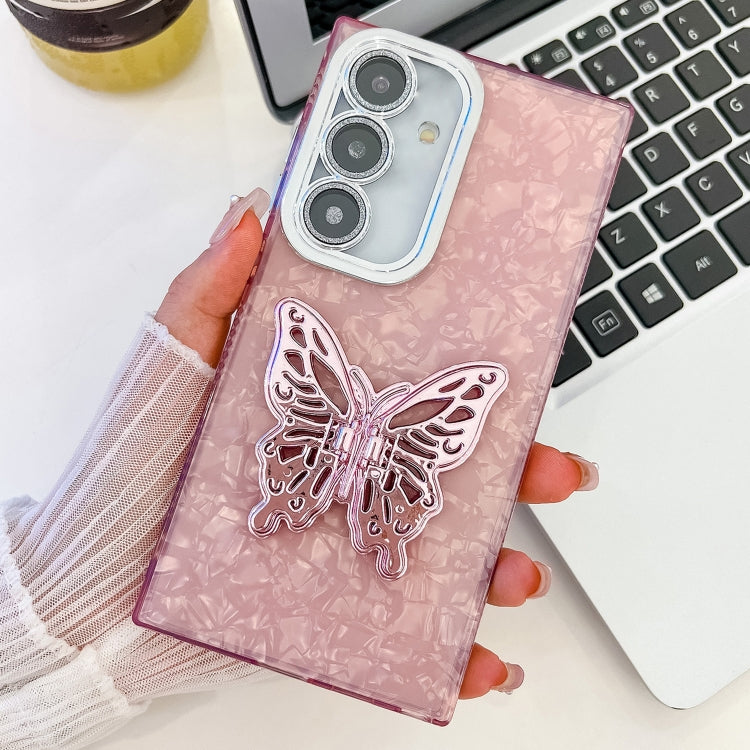 Plating Glitter Texture Butterfly Holder TPU Phone Case with Lens Film, For Samsung Galaxy S24 FE 5G