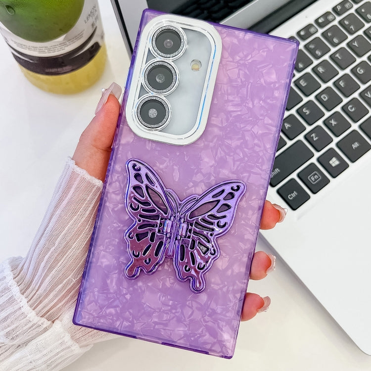 Plating Glitter Texture Butterfly Holder TPU Phone Case with Lens Film, For Samsung Galaxy S24 FE 5G