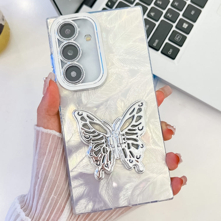 Plating Glitter Texture Butterfly Holder TPU Phone Case with Lens Film, For Samsung Galaxy S24 FE 5G