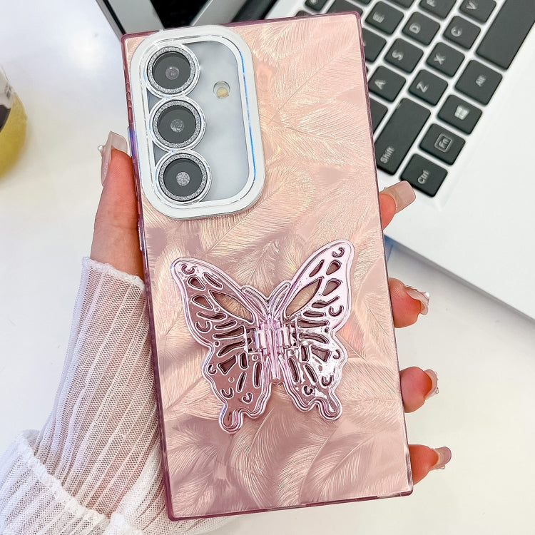 Plating Glitter Texture Butterfly Holder TPU Phone Case with Lens Film, For Samsung Galaxy S24 FE 5G