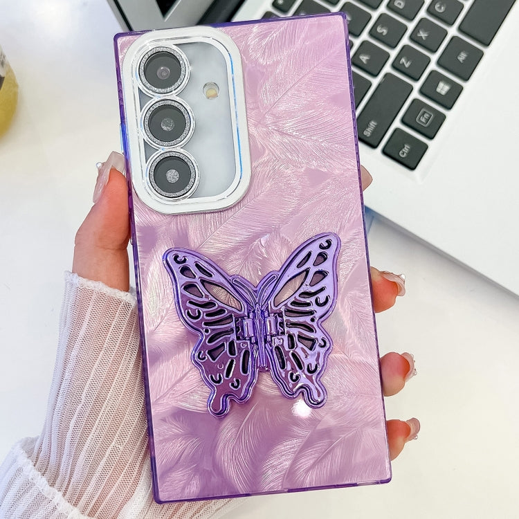 Plating Glitter Texture Butterfly Holder TPU Phone Case with Lens Film, For Samsung Galaxy S24 FE 5G