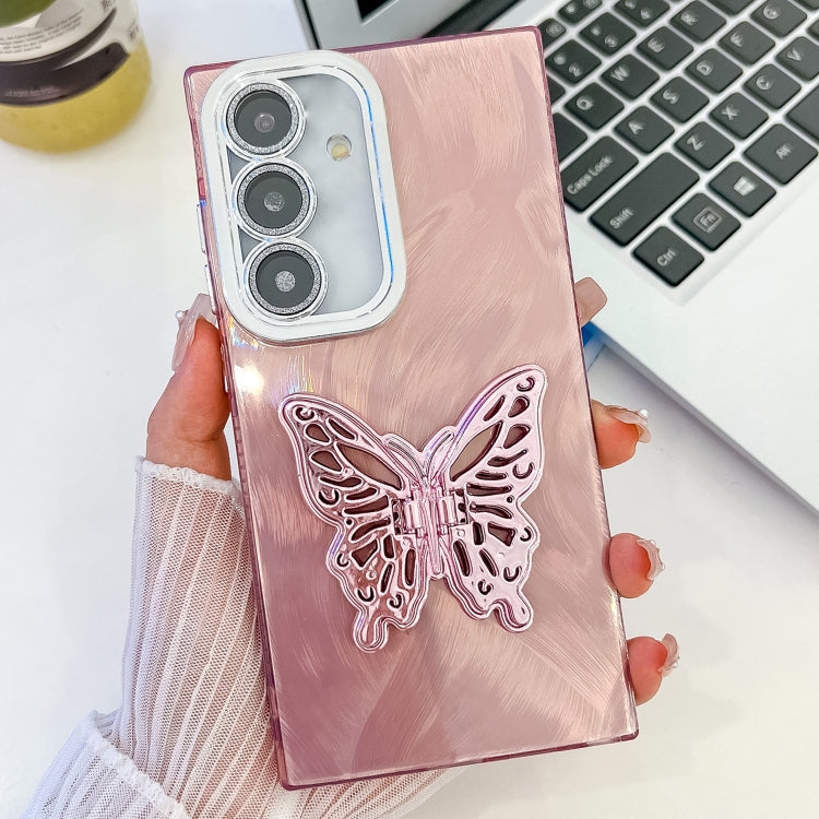 Plating Glitter Texture Butterfly Holder TPU Phone Case with Lens Film, For Samsung Galaxy S24 FE 5G