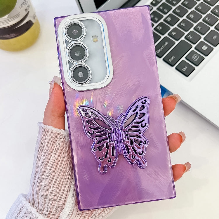 Plating Glitter Texture Butterfly Holder TPU Phone Case with Lens Film, For Samsung Galaxy S24 FE 5G