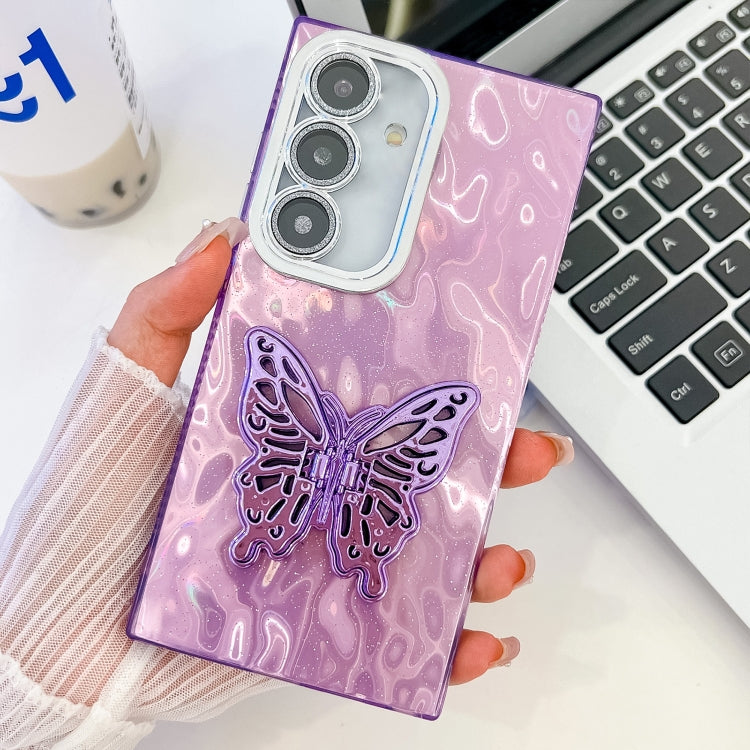 Plating Glitter Texture Butterfly Holder TPU Phone Case with Lens Film, For Samsung Galaxy S24 FE 5G