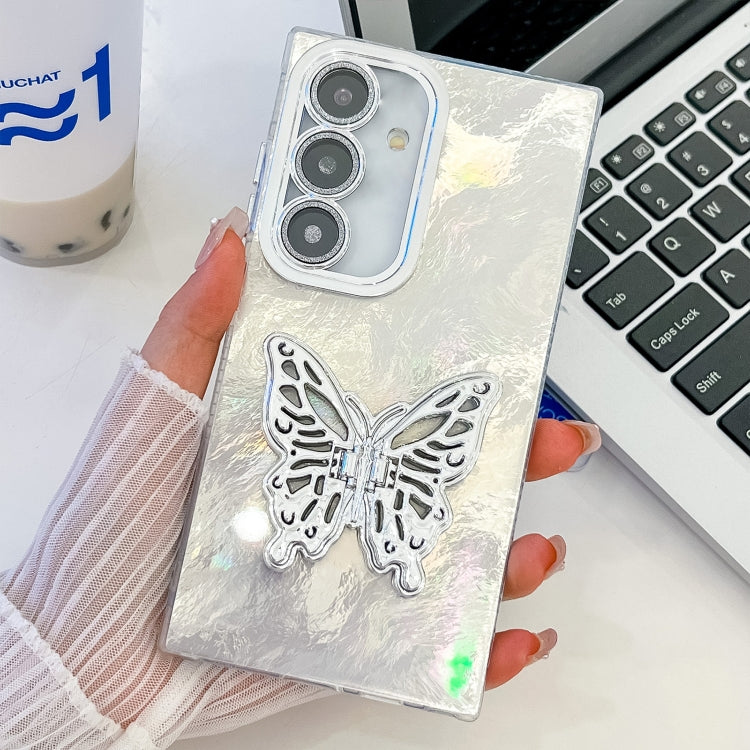 Plating Glitter Texture Butterfly Holder TPU Phone Case with Lens Film, For Samsung Galaxy S24 FE 5G