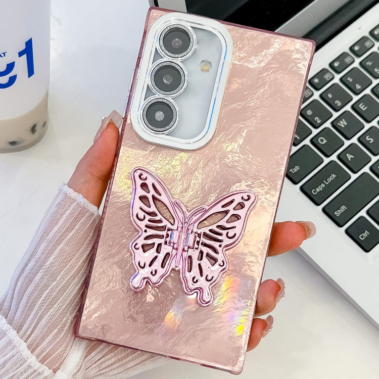 Plating Glitter Texture Butterfly Holder TPU Phone Case with Lens Film, For Samsung Galaxy S24 FE 5G