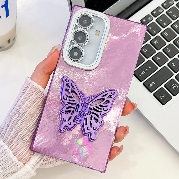 Plating Glitter Texture Butterfly Holder TPU Phone Case with Lens Film, For Samsung Galaxy S24 FE 5G