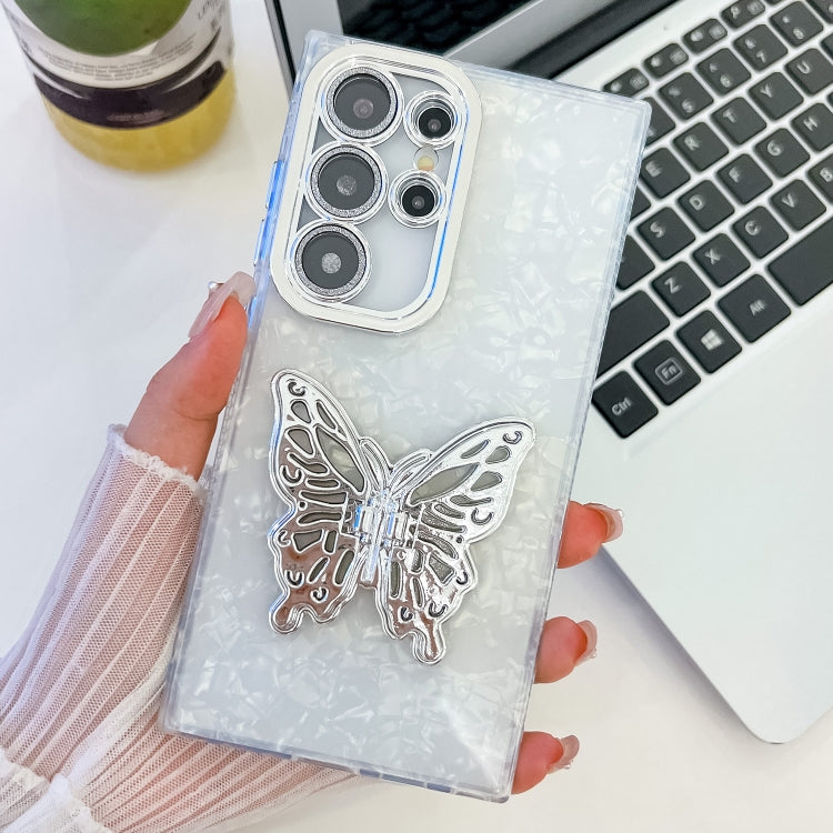 Plating Glitter Texture Butterfly Holder TPU Phone Case with Lens Film, For Samsung Galaxy S24 Ultra 5G